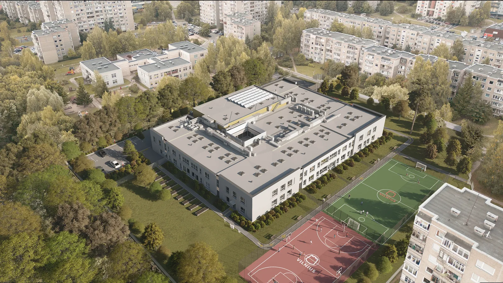Nuotekų šalinimo tinklai; Riebalų atskirtuvas; Tvora; Nuotekų valykla; Vandentiekio tinklai; Aikštelė; Krepšinio aikštelė; Mokykla; Šilumos tinklai; Futbolo aikštelė (Nuotekų šalinimo tinklų; Kitos paskirties; Vandentiekio tinklų; Mokslo; Šilumos tinklų), Vilnius, Taikos g. 155A - vizualizacija 1