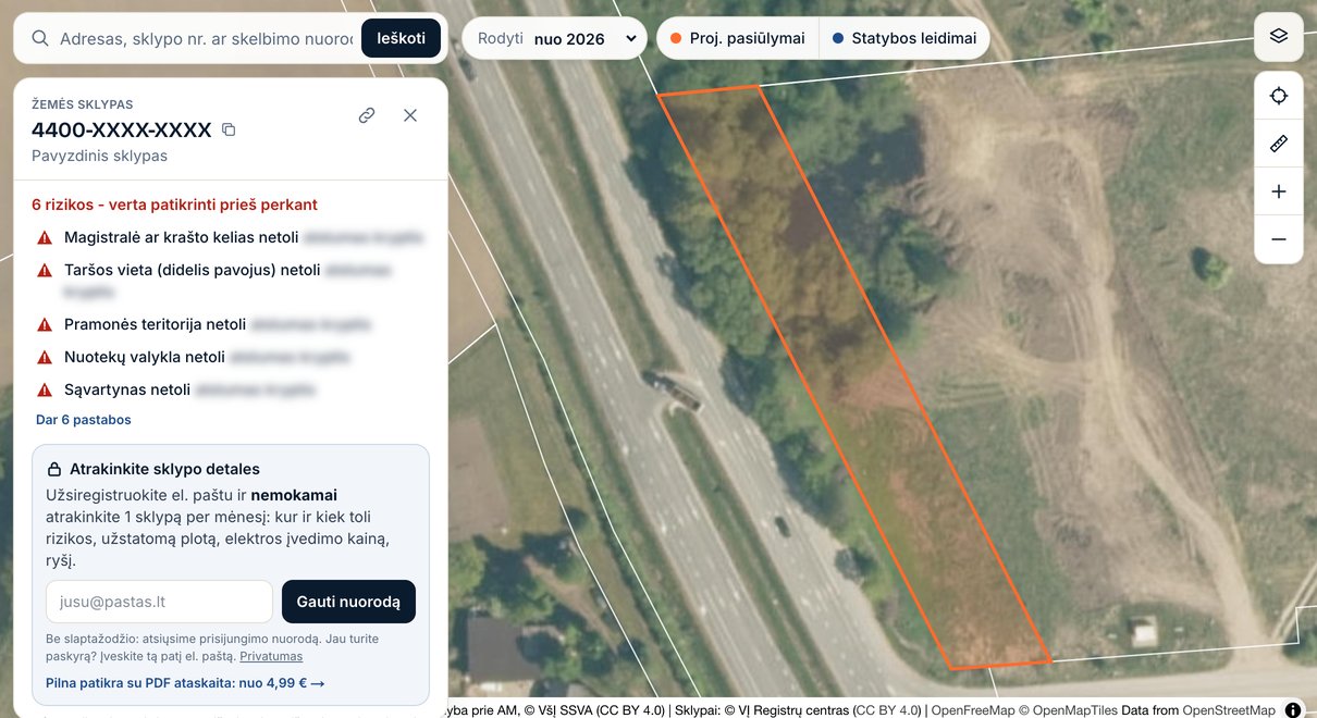 Sklypo patikra žemėlapyje: sklypas prie kelio, 6 rizikos - tarša, pramonė, nuotekų valykla, sąvartynas